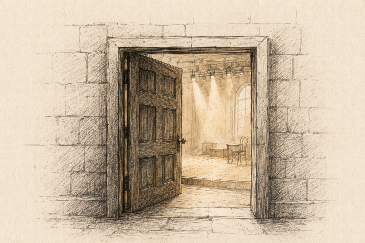A hand-drawn open theatre door.