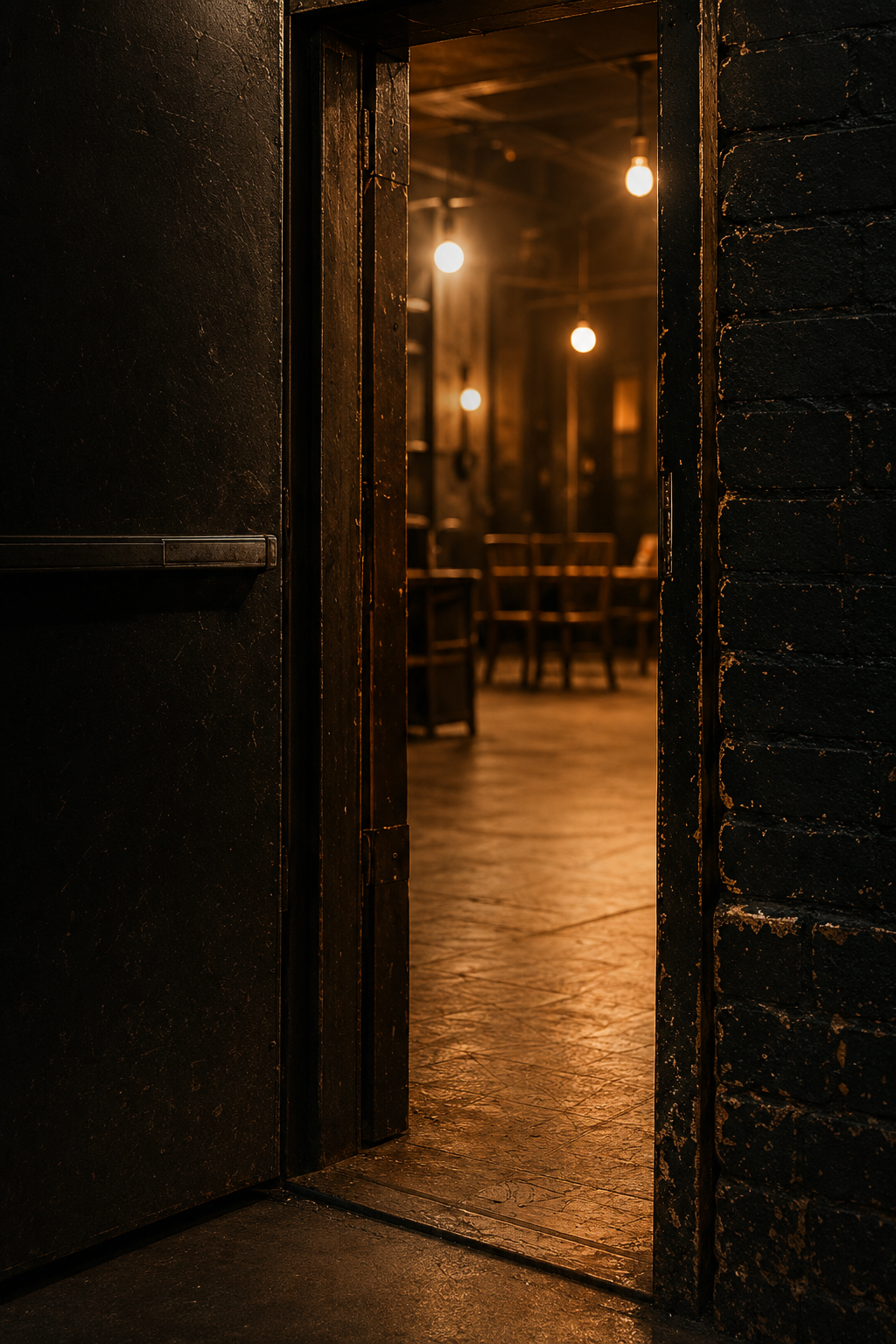 An open backstage theatre door leading into a warmly lit room.