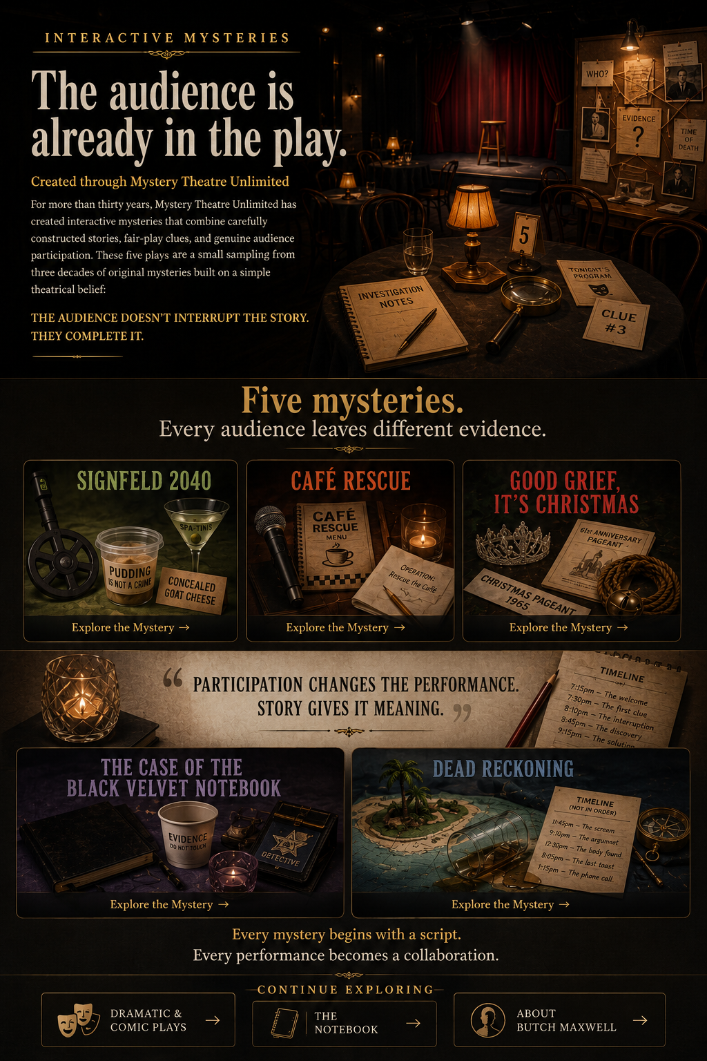 A warmly lit studio theatre introduces five original interactive mysteries by Butch Maxwell, arranged as theatrical evidence displays.