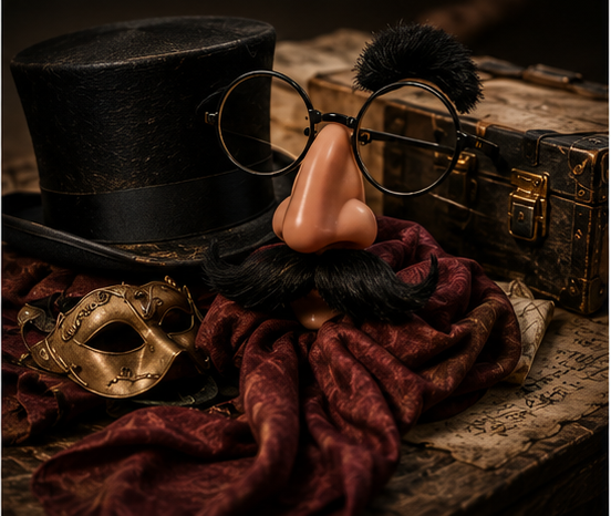 Top hat, false nose glasses, moustache, scarf and small mask arranged as a disguise kit.