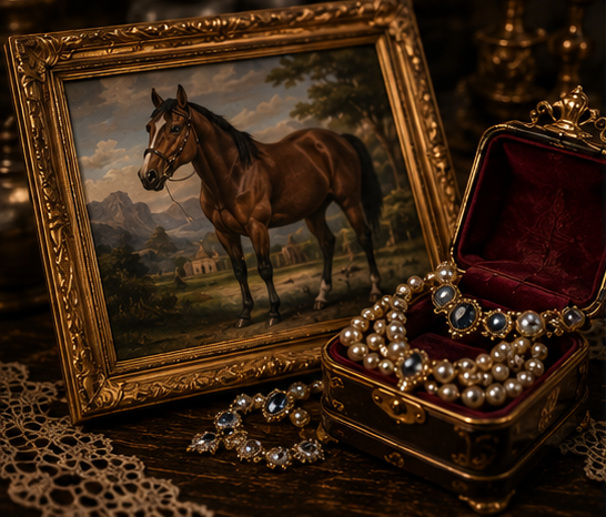 Framed portrait of a horse beside a velvet jewelry box spilling pearls and gemstones.