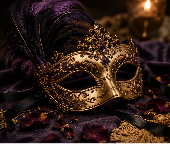 Jeweled gold masquerade mask with purple feathers on dark velvet.