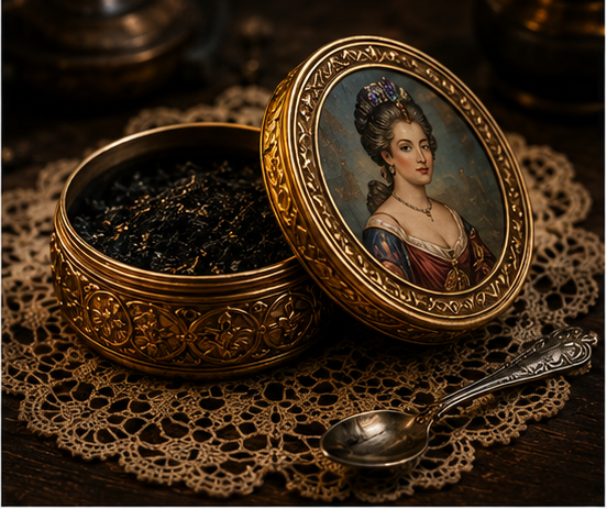 Ornate gold snuff container on lace with a small spoon.