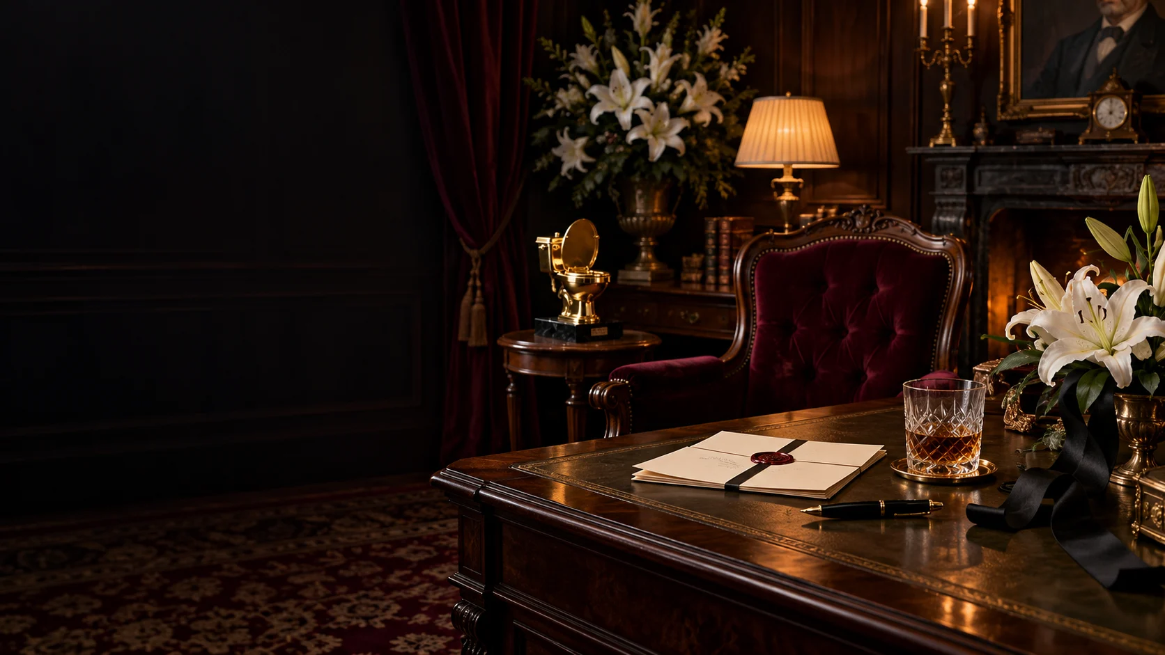 A funeral-home will-reading room with an empty ornate chair, lilies, sealed papers, fountain pen and a miniature gilded toilet trophy.
