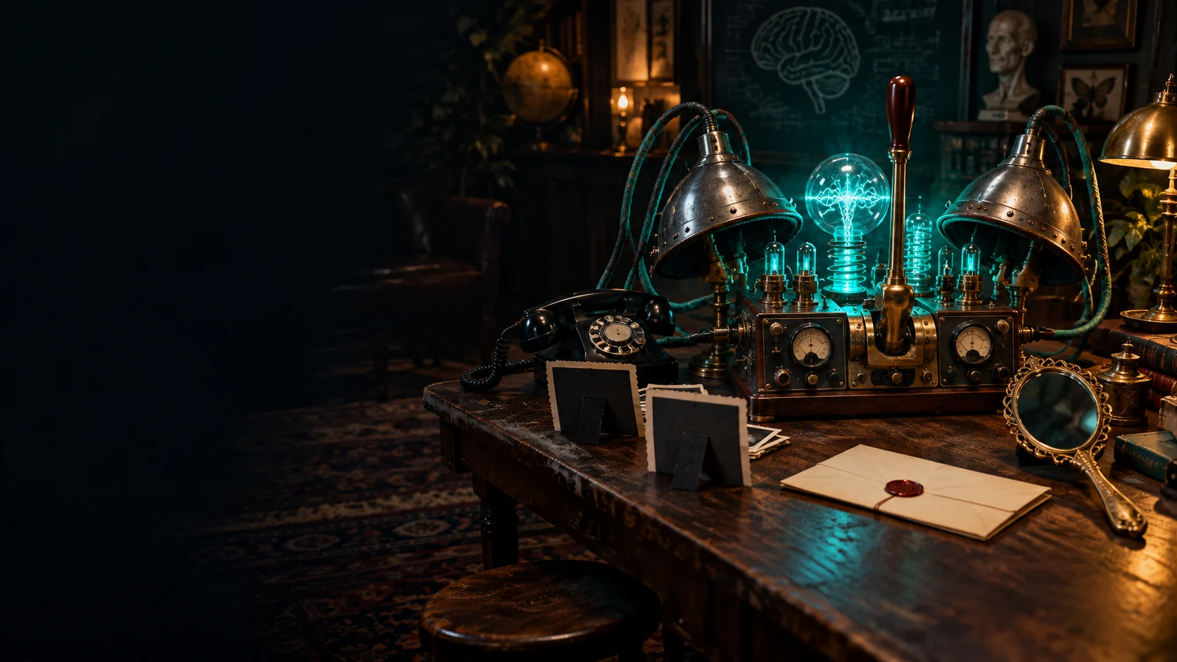 An eccentric laboratory mind-switching machine with two metal headpieces, cables, a lever, a mirror and a telephone in teal and amber light.