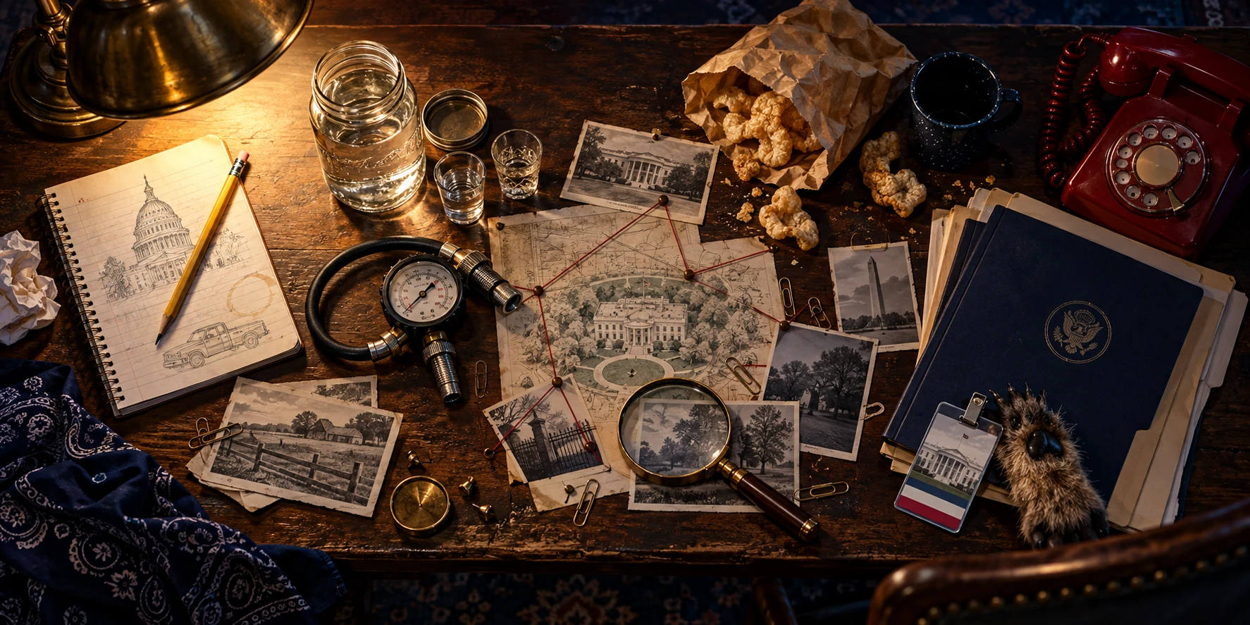 A top-down evidence table with a reporter's notebook, moonshine jar, tire gauge, pork rinds, red telephone, White House files, maps and a visitor badge.
