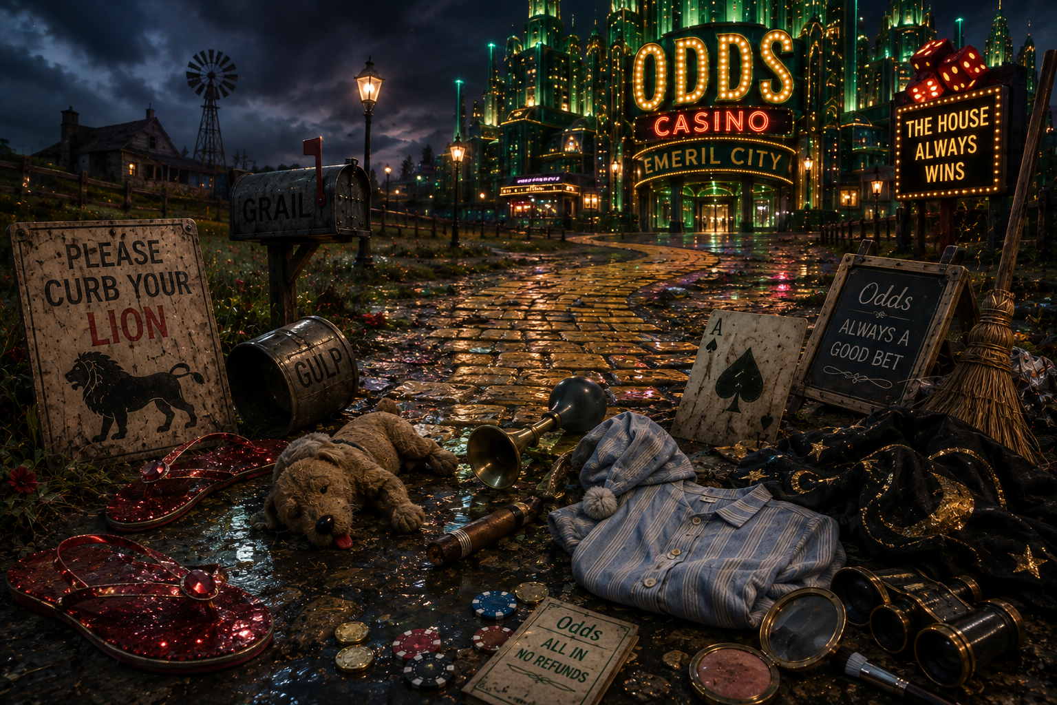 After the mystery, the Goldbricker Road outside Odds Casino is littered with theatrical debris.