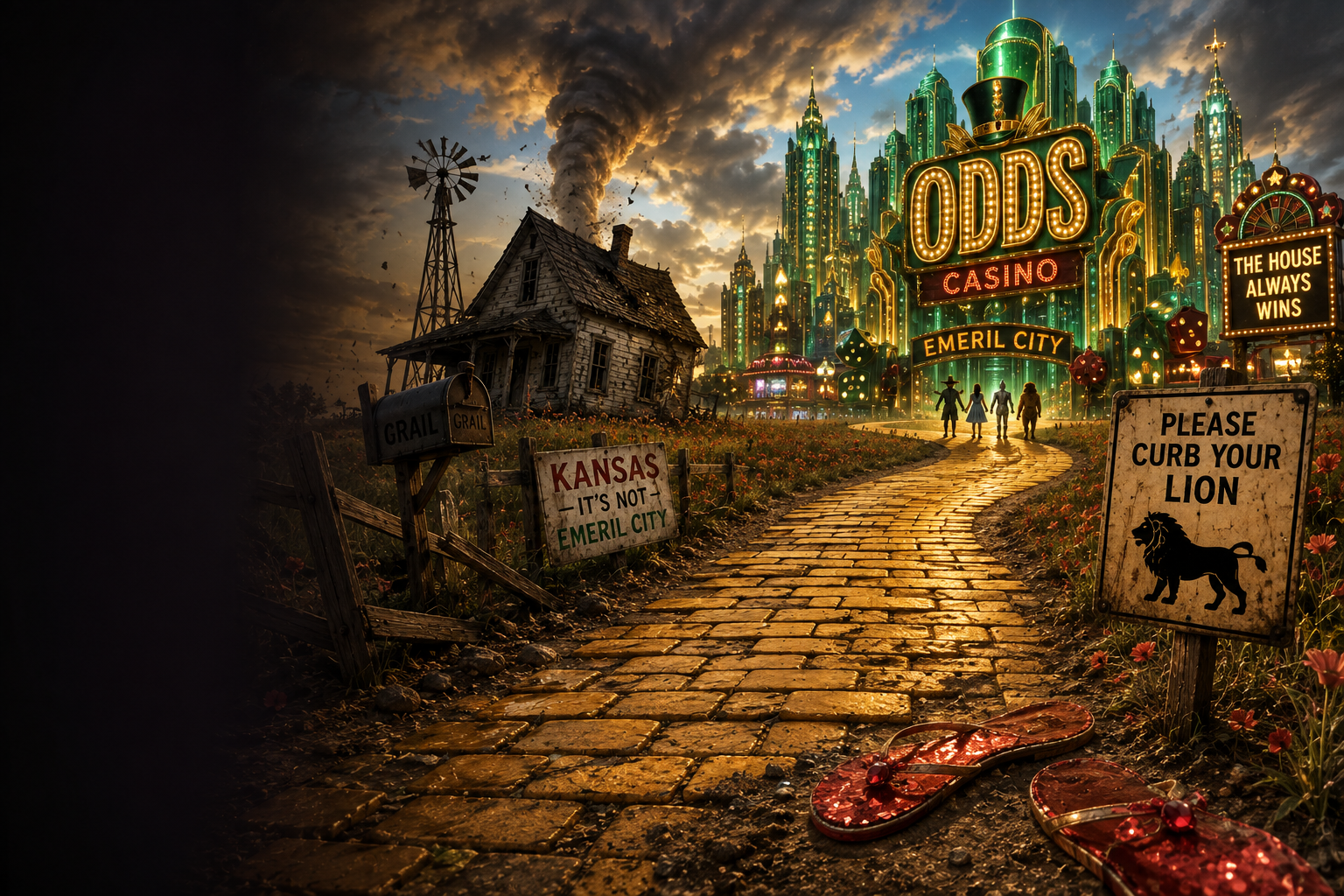 The Goldbricker Road runs from a storm-dark Kansas farm toward the glowing Odds Casino in the Emeril City.