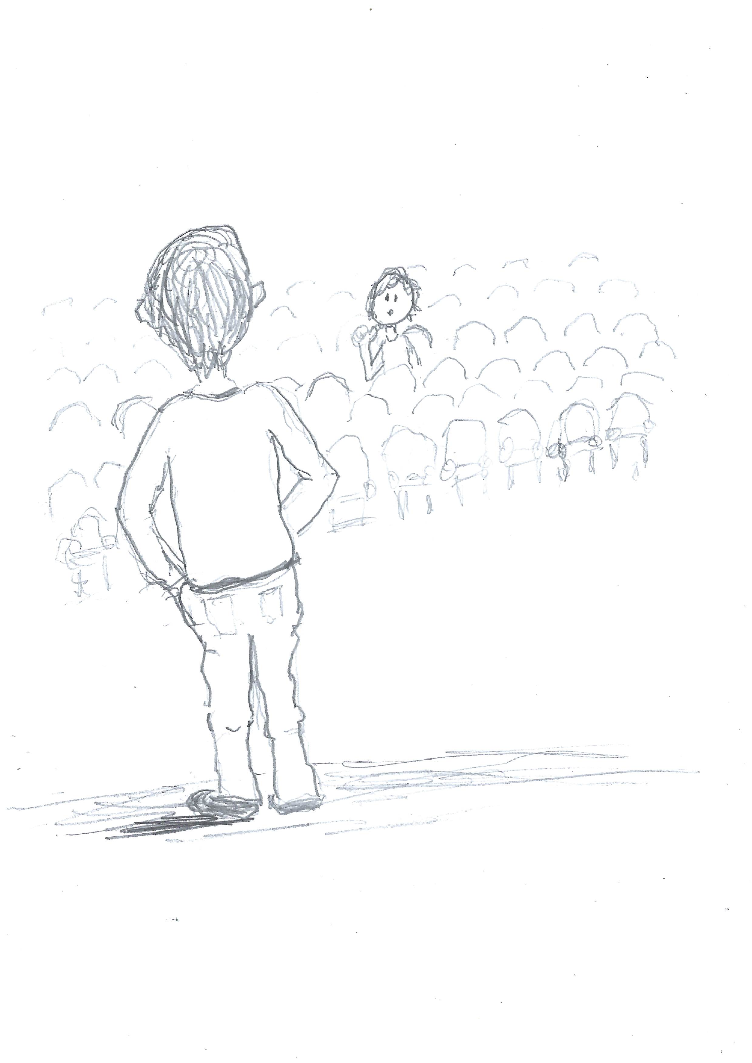 A hand-drawn view from behind one actor as another performs across a theatre filled with audience members.