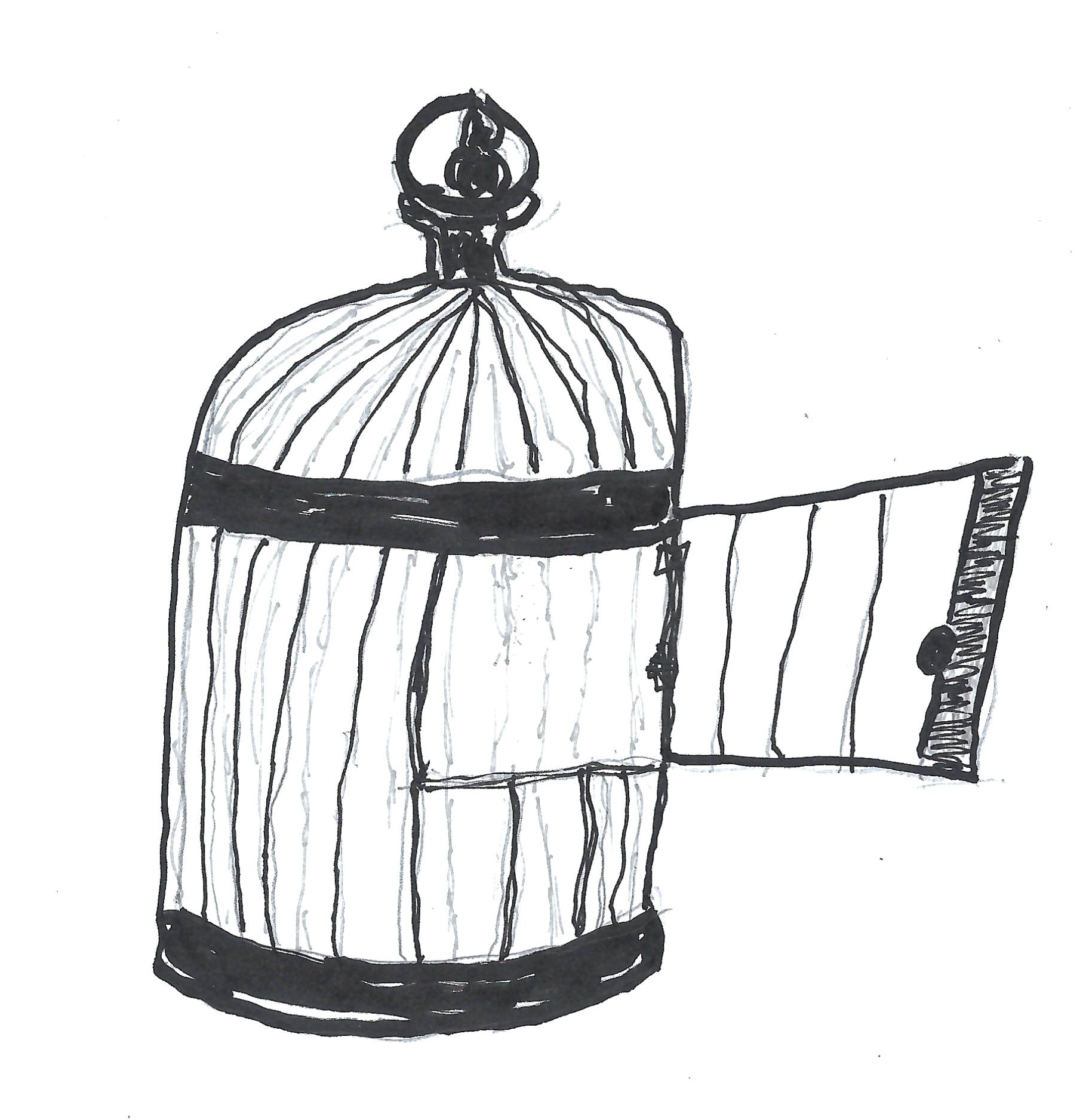Butch Maxwell’s hand-drawn birdcage with its door standing open.