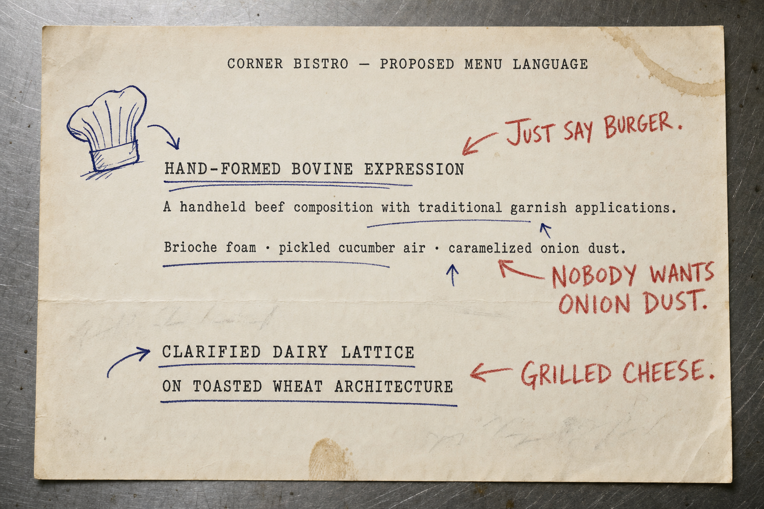 A kitchen-worn Corner Bistro proposed menu-language sheet. Carby renames a hamburger a Hand-formed Bovine Expression and grilled cheese Clarified Dairy Lattice on Toasted Wheat Architecture, while Ricky writes plainspoken objections in red.