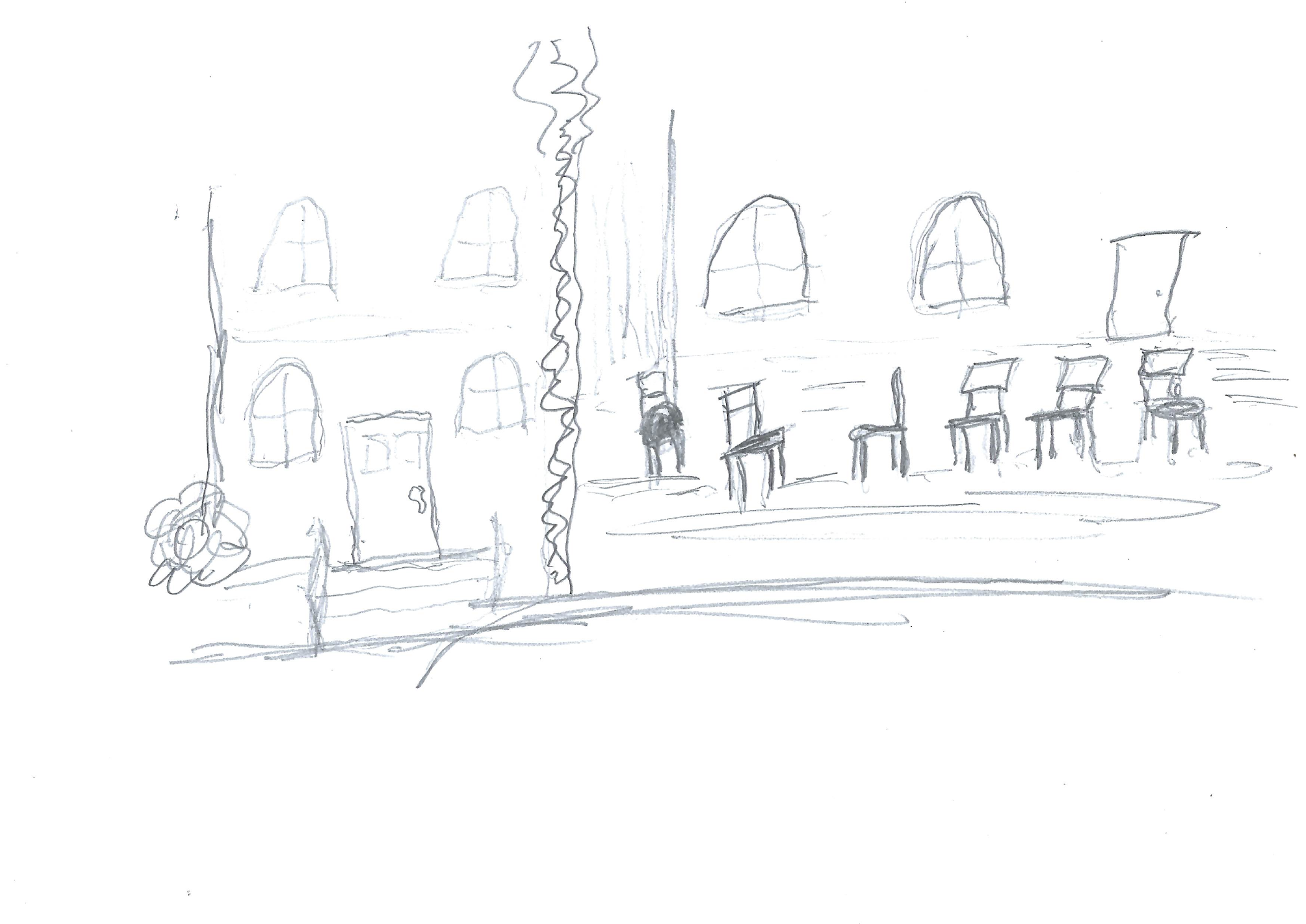 An early hand-drawn set concept for Callback, showing a domestic room beside a rehearsal space lined with chairs.