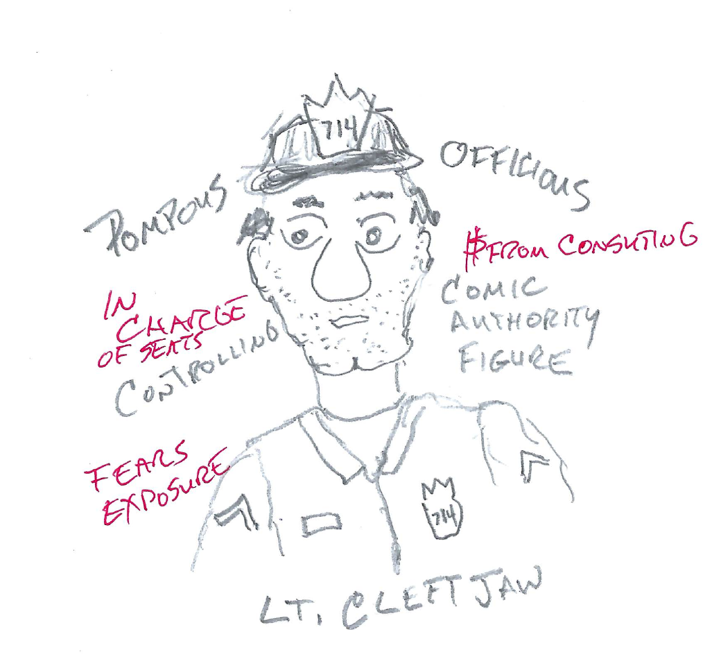 A pencil character study of Lieutenant Cleftjaw annotated first as pompous, officious, controlling, and a comic authority figure, then reconsidered in red as someone in charge of the seats, who fears exposure, and who must be consulted.