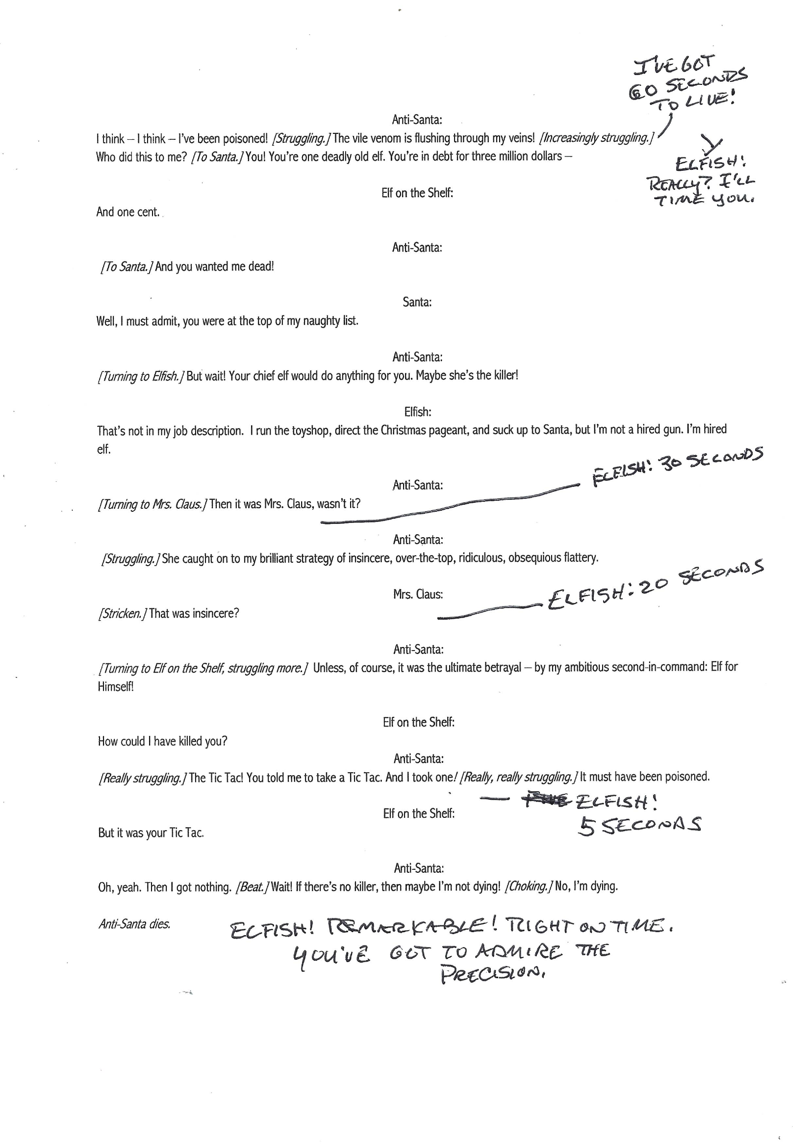 A photocopied rehearsal page from The Buttcracker Suite with handwritten stopwatch notes counting Anti-Santa’s final speech from sixty seconds to five.