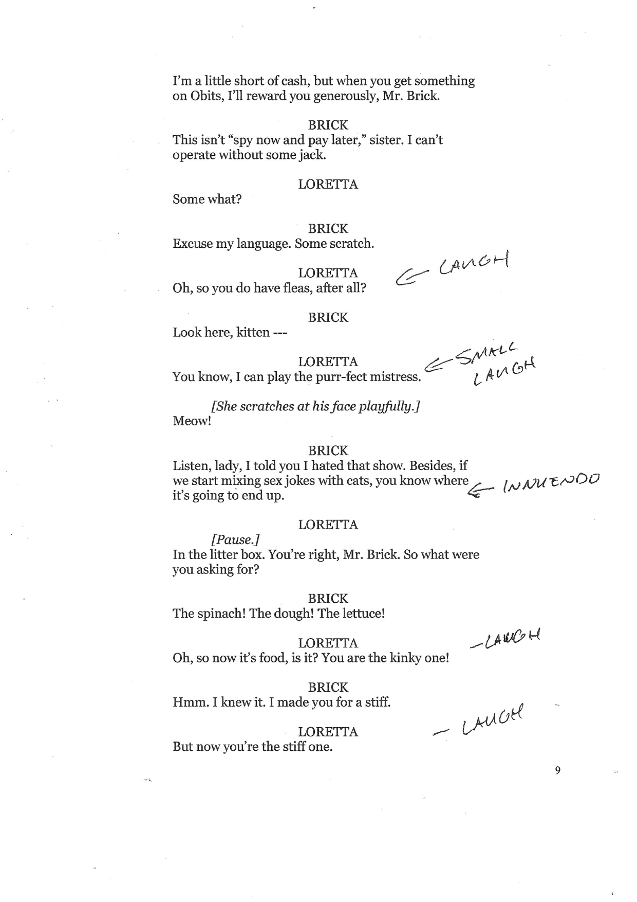 A reconstructed Show Biz Whiz script page marked line by line for probable laughs.