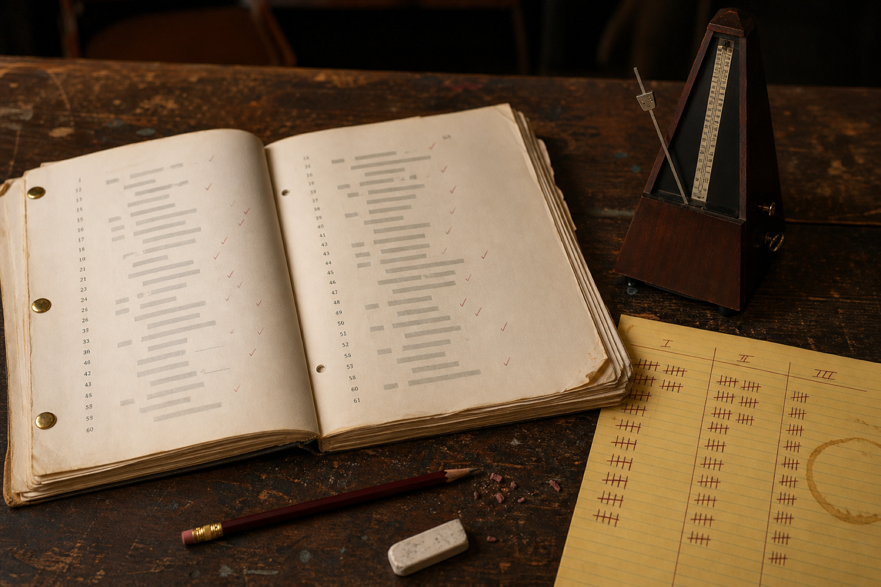 A worn comedy script marked with laugh-line ticks beside a metronome and a three-act tally sheet.