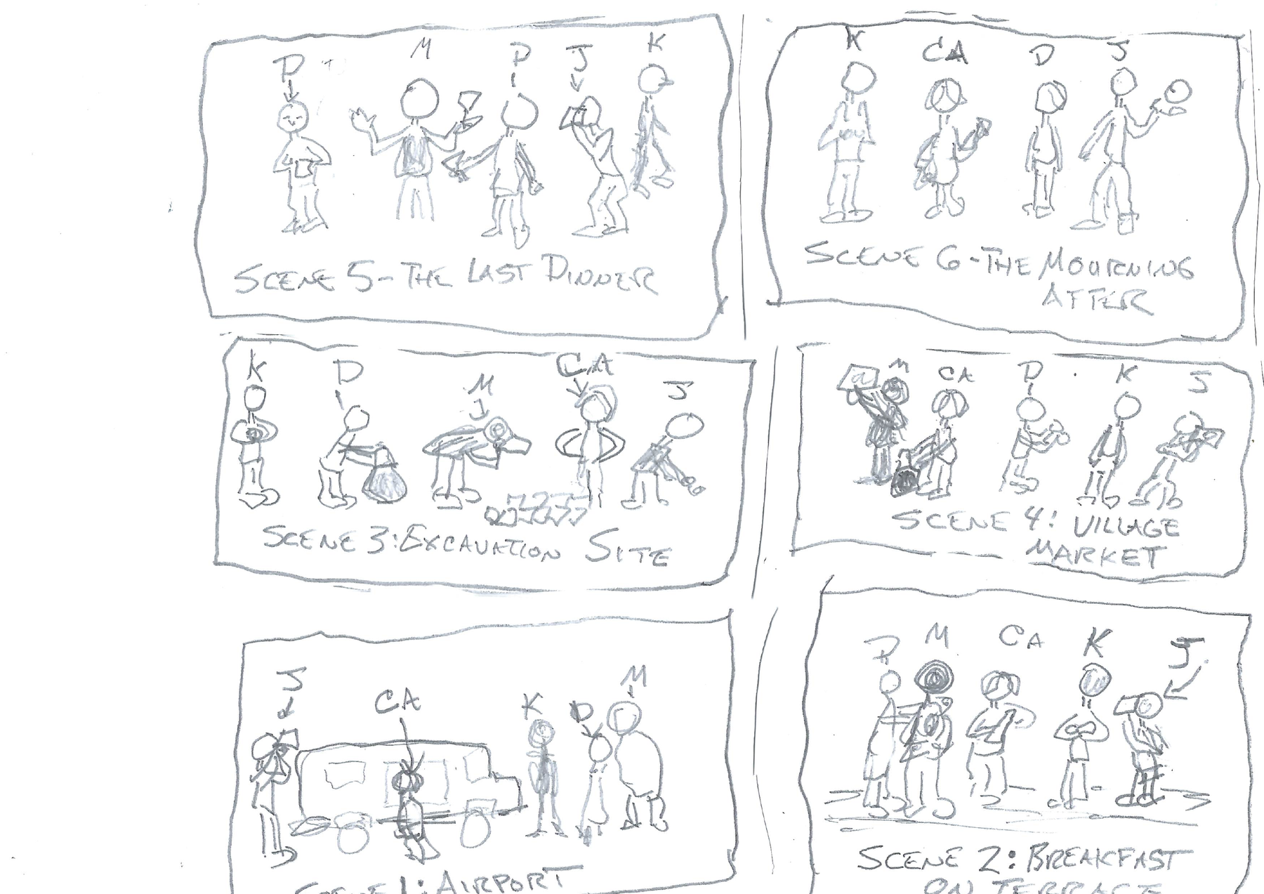 Butch Maxwell’s hand-drawn six-panel scene study for Dead Reckoning, reordered with Scenes 5, 3, and 1 in the left column and Scenes 6, 4, and 2 in the right column.