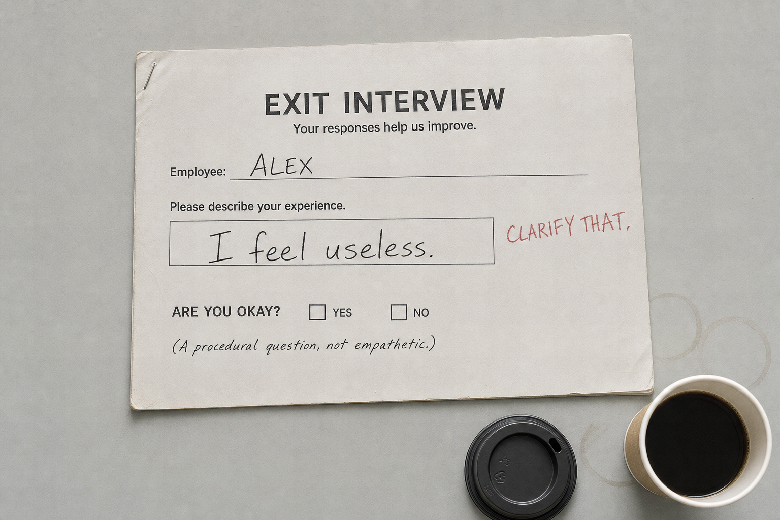 An institutional exit-interview form completed by Alex. He writes I feel useless; a red administrative note replies Clarify that. The final Are you okay question remains unanswered beside an untouched coffee and removed lid.