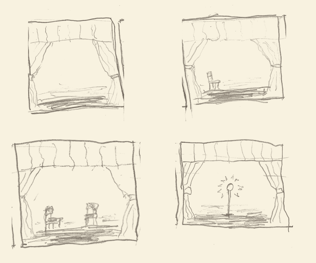 Four hand-drawn panels: an empty stage, one chair, two chairs, and a ghost light.