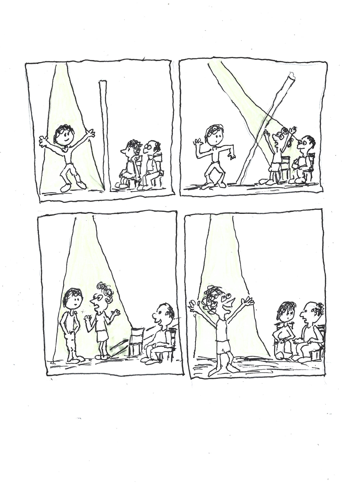 A four-panel drawing in which a performer first plays before a seated audience, then the performers and audience members cross into one another’s space until an audience member stands in the spotlight.