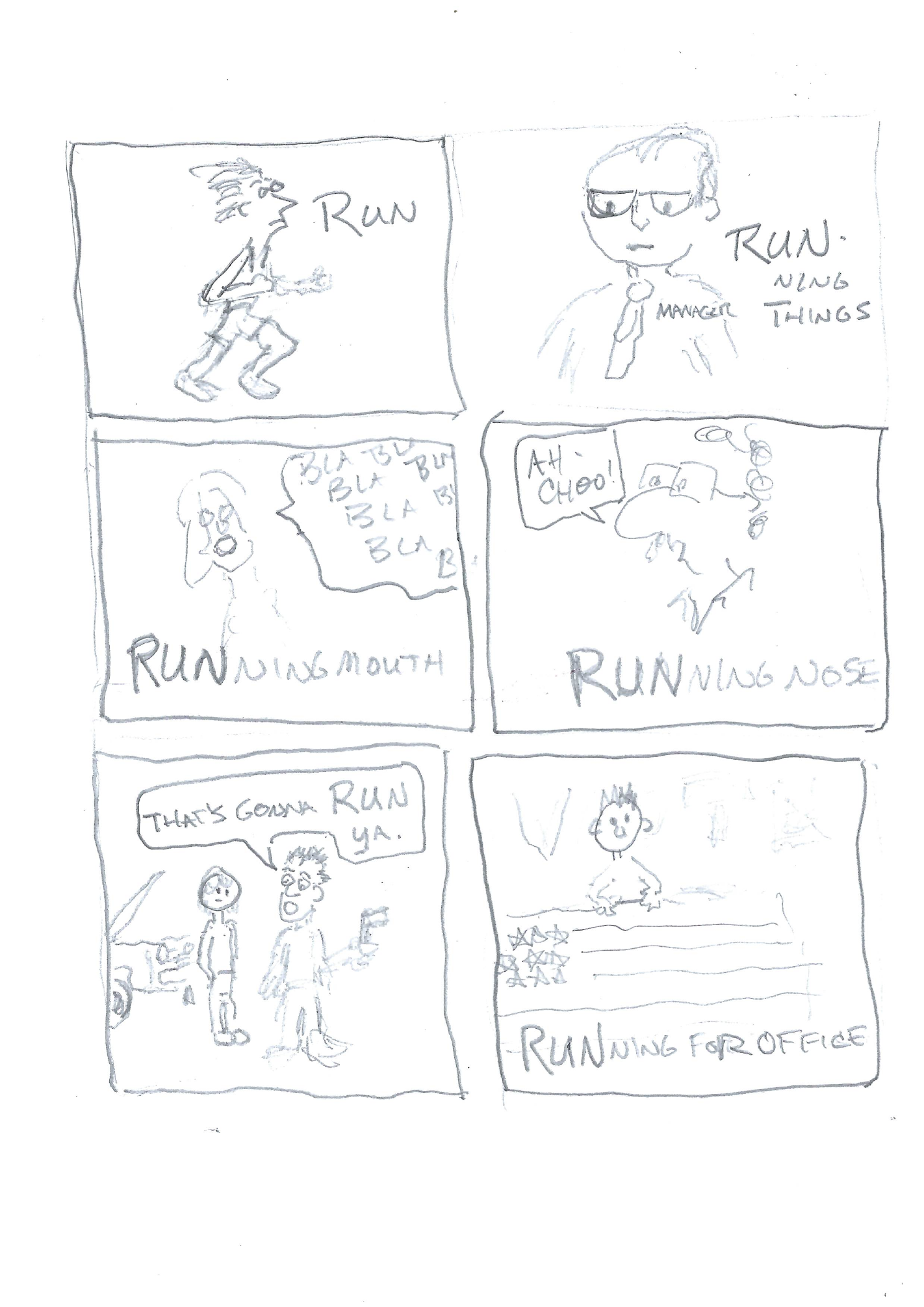 A six-panel hand-drawn cartoon showing the word run used as physical action, authority, talk, a runny nose, cost, and running for office.