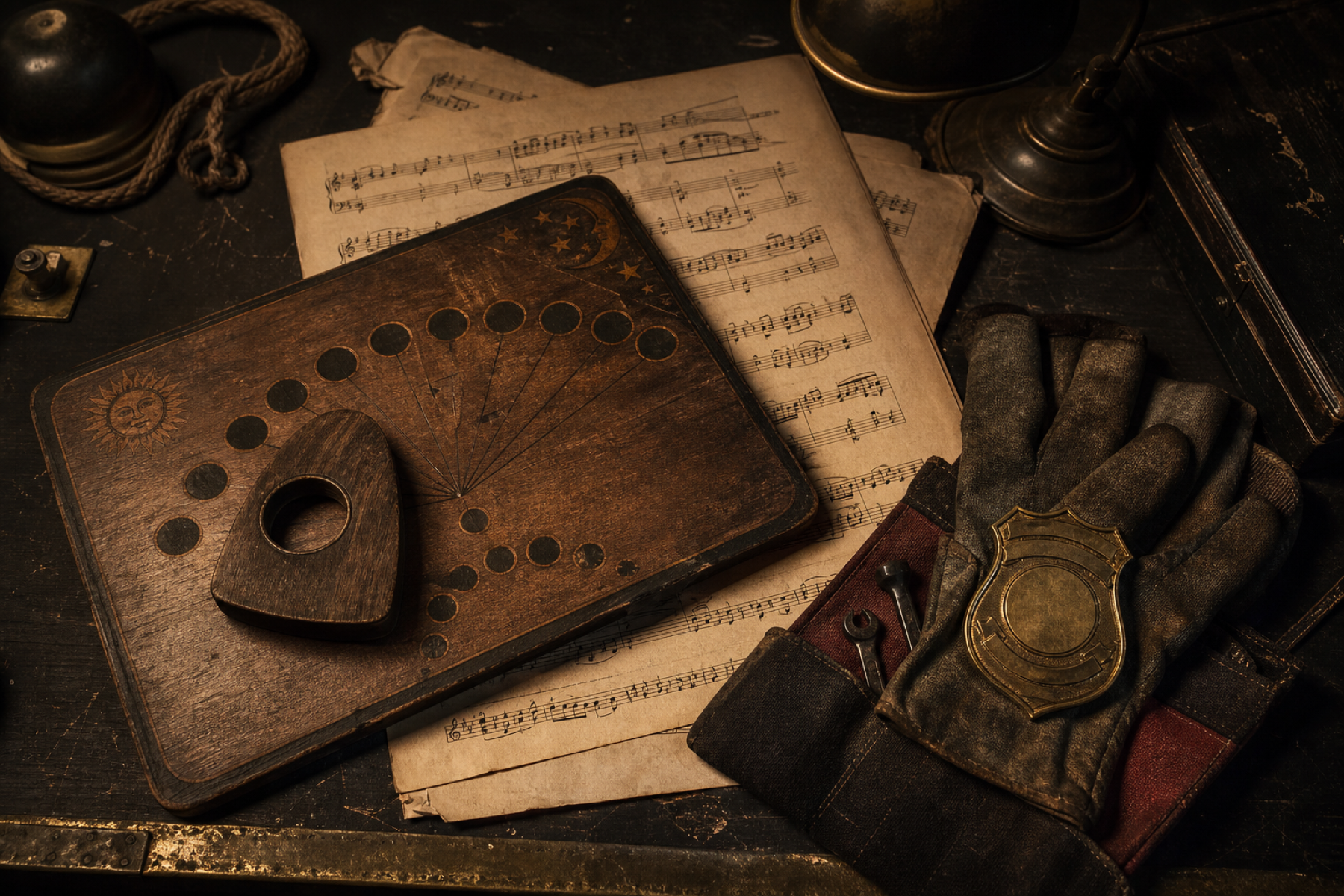 An old Ouija board conceals symphony pages while a stagehand’s glove holds a police badge nearby.