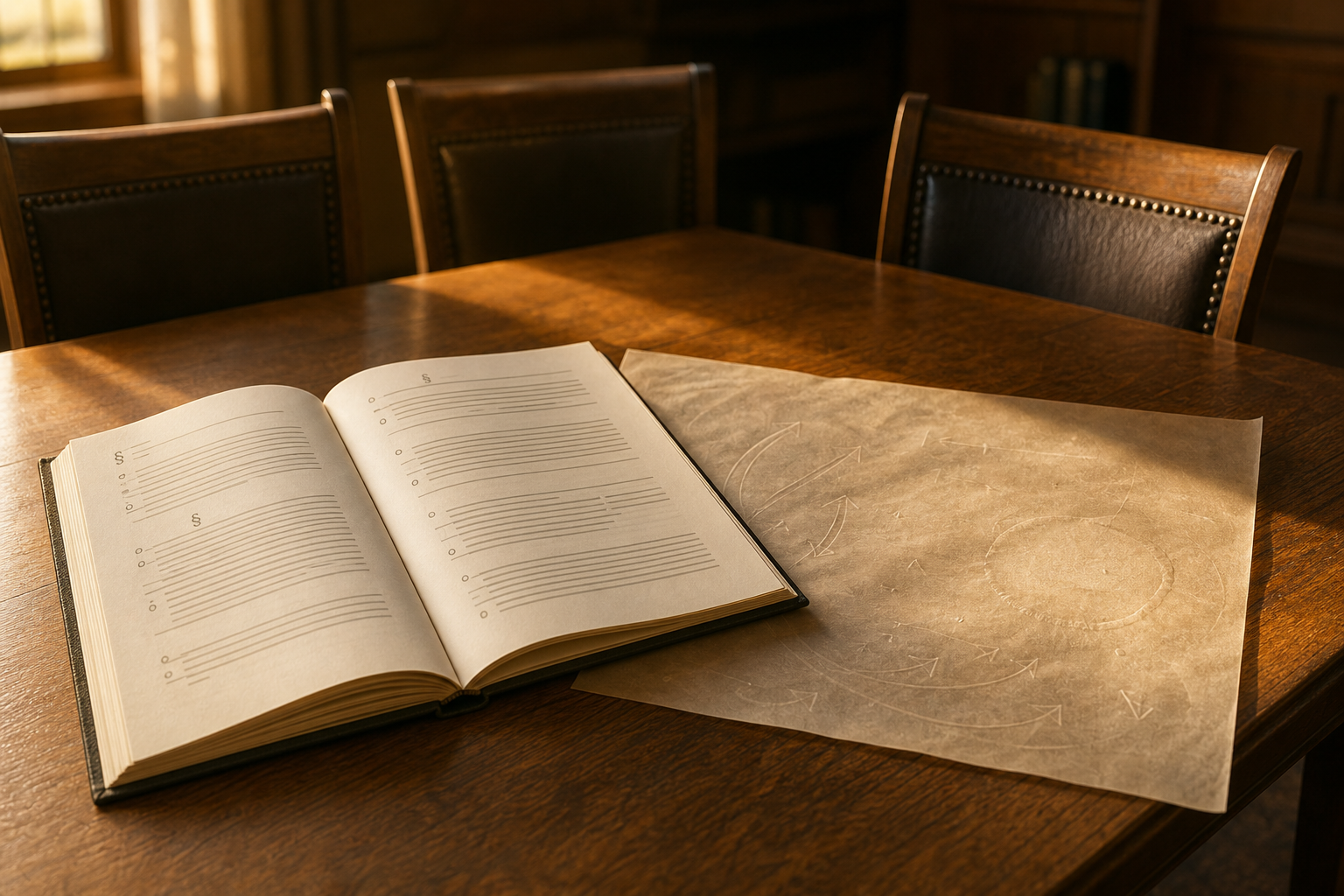 An open institutional handbook and a translucent blank sheet whose faint impressions reveal arrows, wear, and a coffee-ring ghost on a warm wooden meeting table surrounded by empty chairs.