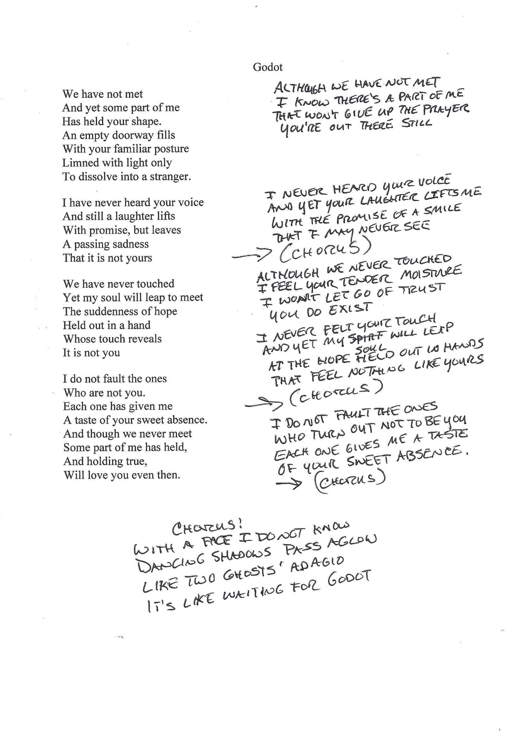A typed poem titled Godot with handwritten lyric revisions, chorus notes, arrows, and a new final refrain filling the right side and lower margin.