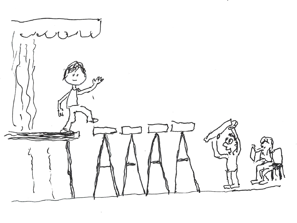 A hand-drawn performer steps from a stage onto a narrow bridge built by two people while an audience member watches from a chair on the other side.