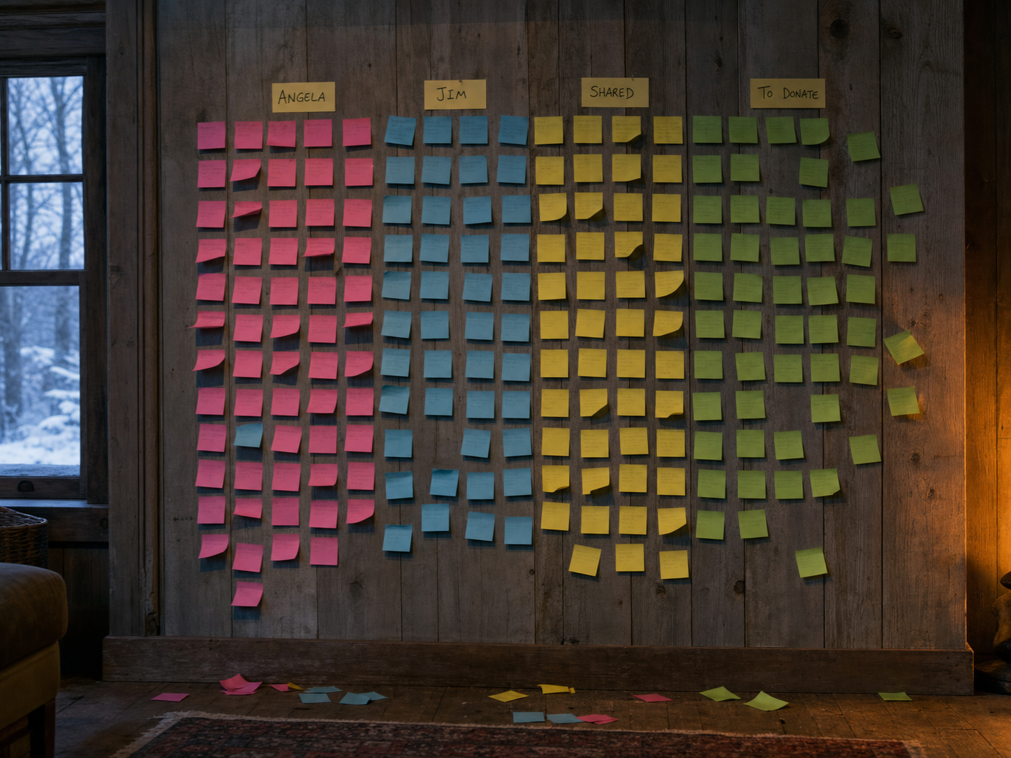 Maggie's color-coded Post-it wall on weathered cabin paneling. Pink notes mark Angela's things, blue Jim's, yellow shared items, and green donations. The once-precise grid has developed gaps, curling corners, and fallen notes.
