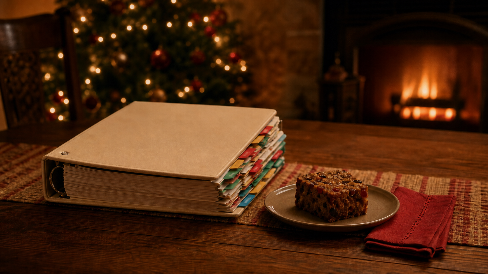 A thick, over-organized tabbed binder and a single piece of fruitcake on a Christmas Eve table.