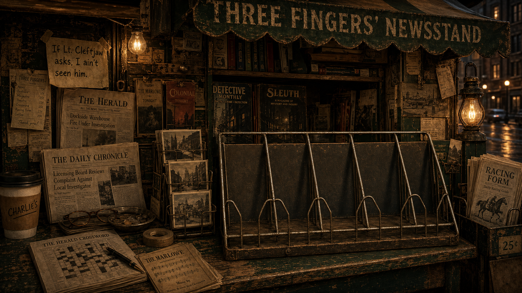 Three Fingers’ richly weathered newsstand and its rack of Elliot Brick mystery cases.
