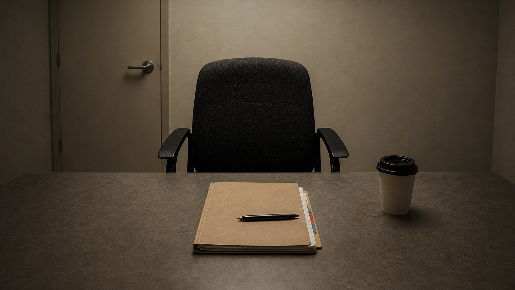 An empty office chair behind a closed personnel file, pen, and coffee cup in a spare interview room.