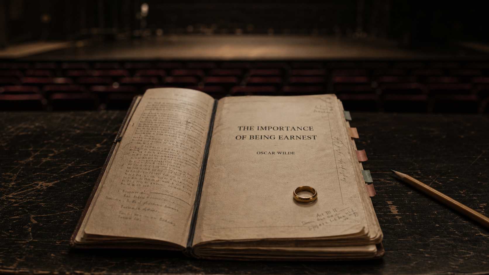 An open, annotated copy of The Importance of Being Earnest with a gold wedding ring resting on its title page in an empty theatre.