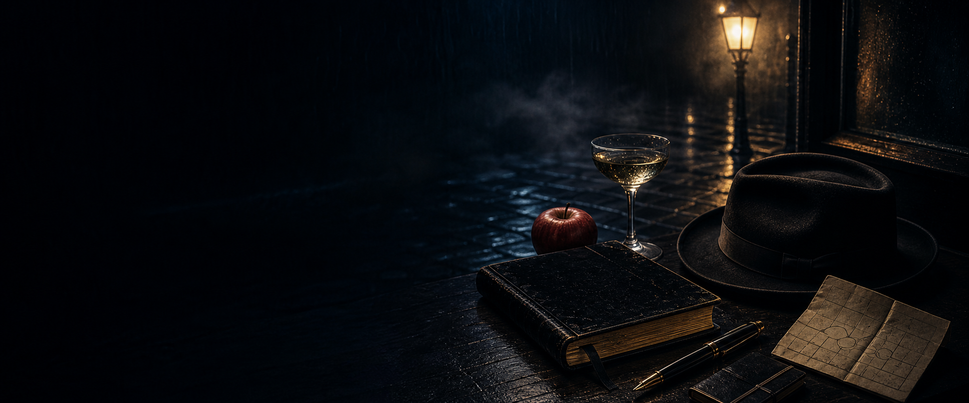 A rain-dark noir still life with a black velvet notebook, fedora, fountain pen, apple, champagne glass, seating chart, and streetlamp.