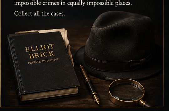 A fedora, magnifying glass, pen, and Elliot Brick notebook arranged as case evidence