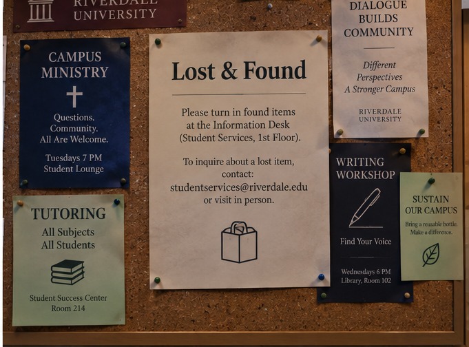 A university bulletin board with ordinary campus notices, including Lost and Found information.