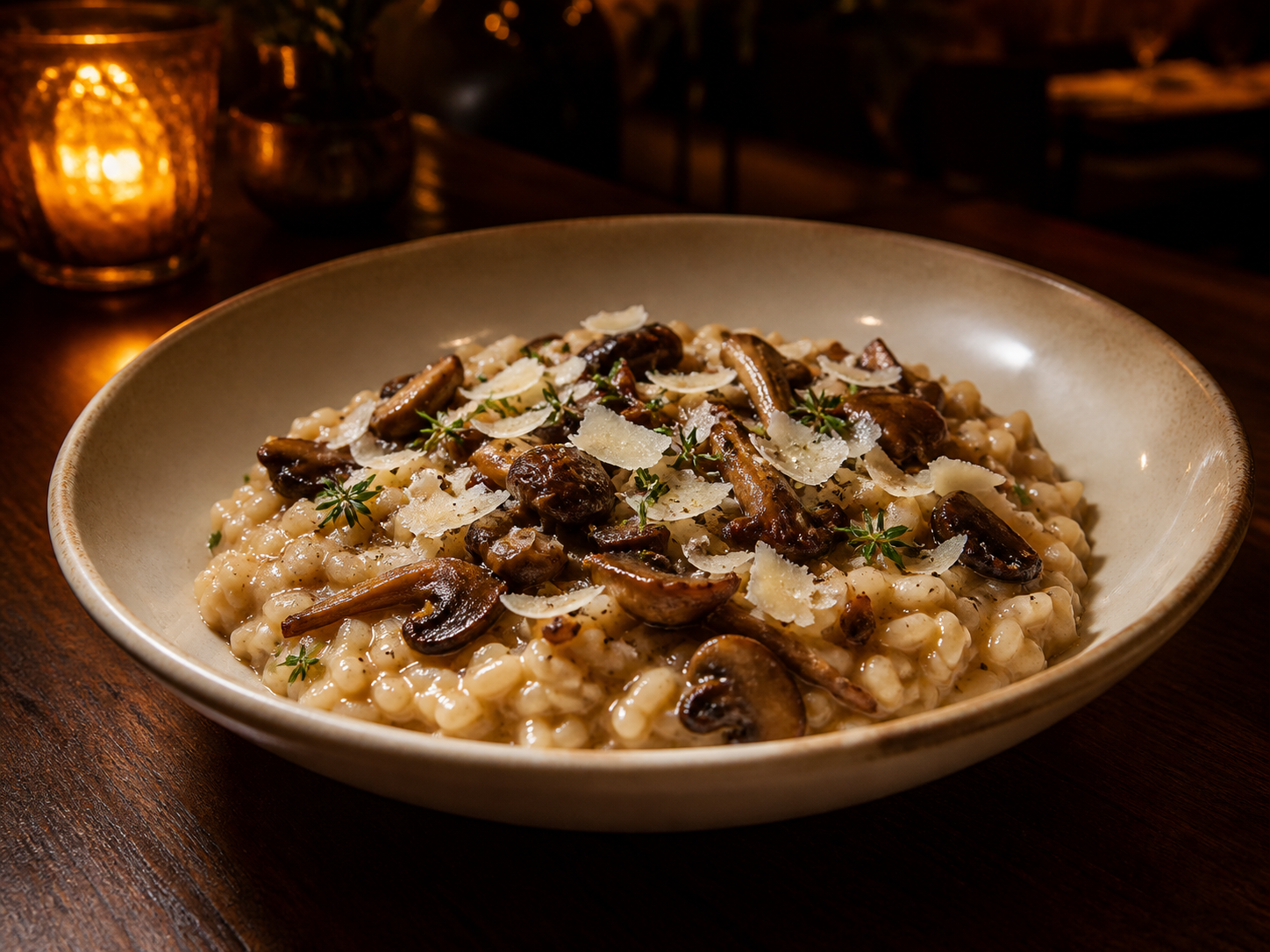 A candlelit bowl of mushroom risotto prepared for the restaurant critic.