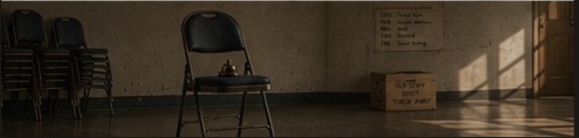 An empty rehearsal room with one chair centered and folded chairs stacked against the wall.