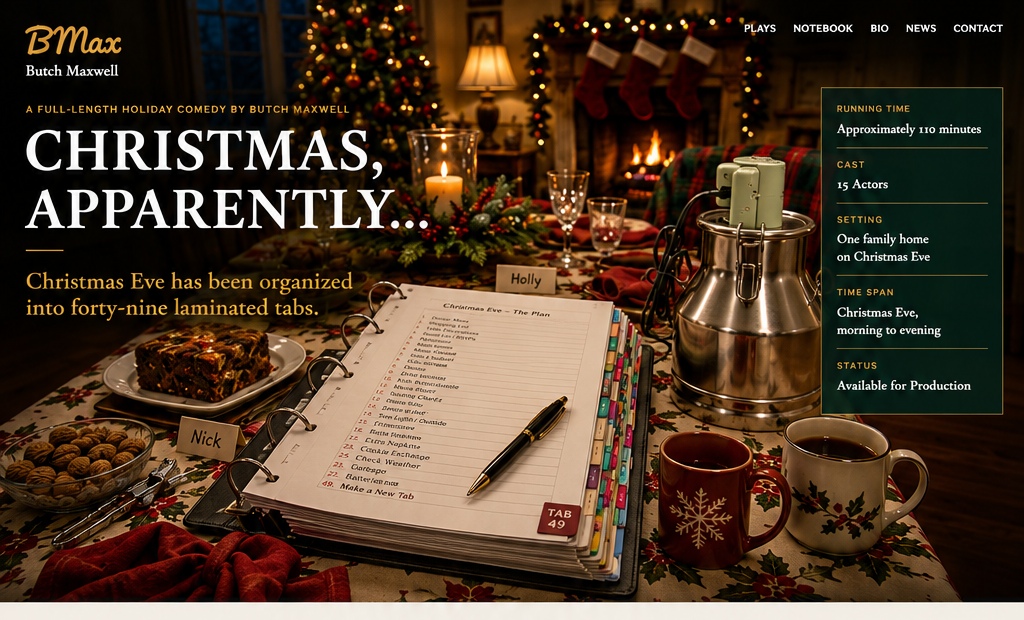 Christmas, Apparently... by Butch Maxwell: a warm family dining room on Christmas Eve with Holly's forty-nine-tab binder, fruitcake, extra chairs, gifts, and a table already one guest beyond capacity.