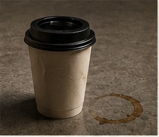 A used paper coffee cup with a black sipping lid and a coffee ring nearby