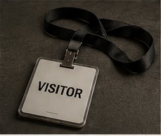 A visitor badge attached to a black lanyard
