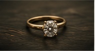 An engagement ring resting on a dark surface.