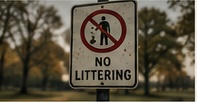 A weathered no-littering sign in a city park.