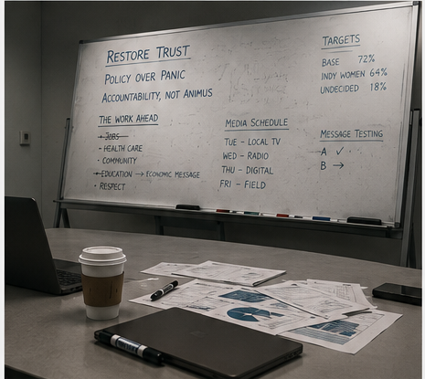 A closer view of the campaign whiteboard after weeks of revisions.