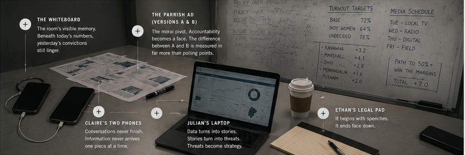 A campaign war room evidence table showing phones, laptop, legal pad, political materials, coffee, and a heavily revised whiteboard.