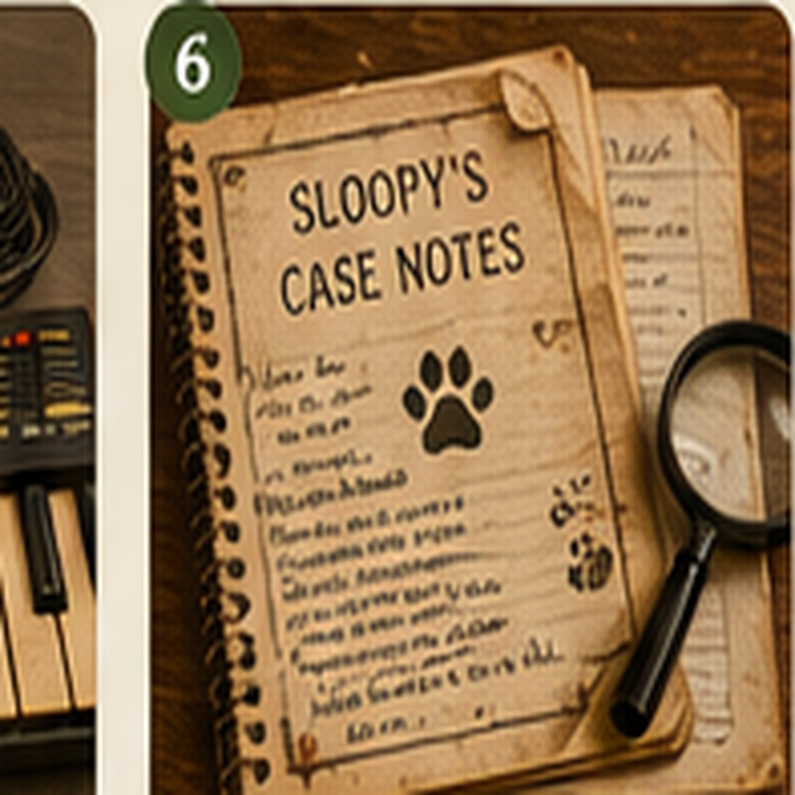 Sloopy’s detective notebook with dog-eared pages and a magnifying glass.