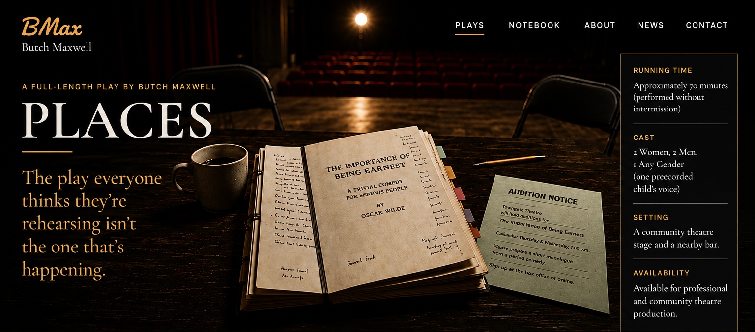 Places by Butch Maxwell: a warm community theatre rehearsal table with a dog-eared copy of The Importance of Being Earnest, an audition notice, pencil, coffee cup, and auditorium beyond.
