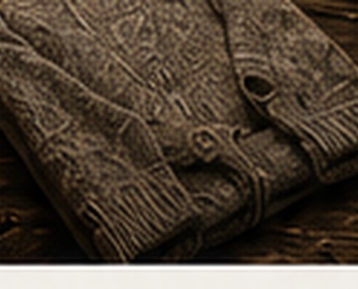 A worn brown cardigan folded on a wooden surface.