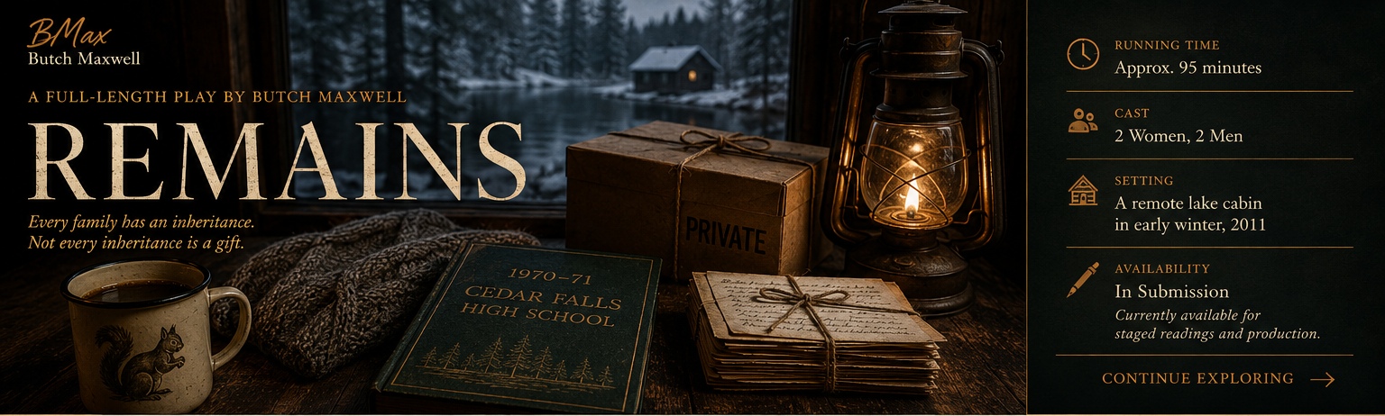 Remains by Butch Maxwell: a winter cabin table with a box marked Private, a Cedar Falls High School yearbook, letters, a squirrel mug, and lantern overlooking a frozen lake.